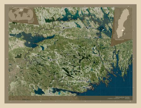 Photo for Sodermanland, county of Sweden. High resolution satellite map. Locations and names of major cities of the region. Corner auxiliary location maps - Royalty Free Image
