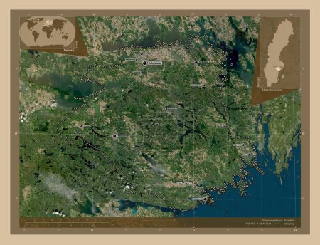 Photo for Sodermanland, county of Sweden. Low resolution satellite map. Locations and names of major cities of the region. Corner auxiliary location maps - Royalty Free Image