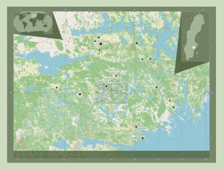 Foto de Sodermanland, condado de Suecia. Open Street Map. Ubicaciones de las principales ciudades de la región. Mapas de ubicación auxiliares de esquina - Imagen libre de derechos