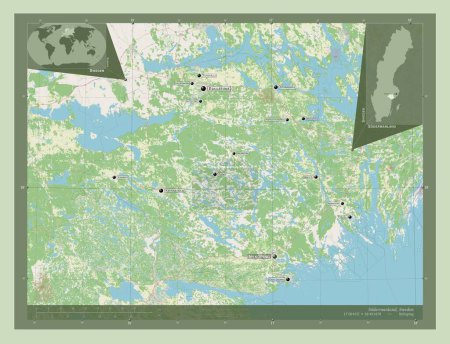 Téléchargez les photos : Sodermanland, county of Sweden. Open Street Map. Locations and names of major cities of the region. Corner auxiliary location maps - en image libre de droit