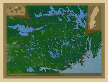 Téléchargez les photos : Sodermanland, comté de Suède. Carte d'altitude colorée avec lacs et rivières. Corner cartes de localisation auxiliaires - en image libre de droit