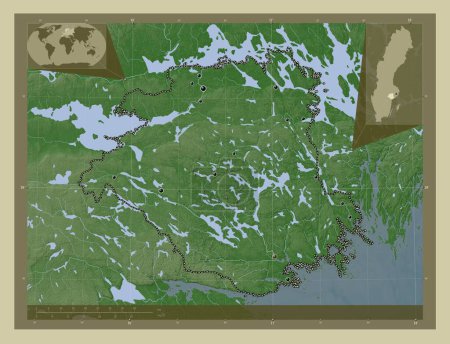 Foto de Sodermanland, condado de Suecia. Mapa de elevación coloreado en estilo wiki con lagos y ríos. Ubicaciones de las principales ciudades de la región. Mapas de ubicación auxiliares de esquina - Imagen libre de derechos