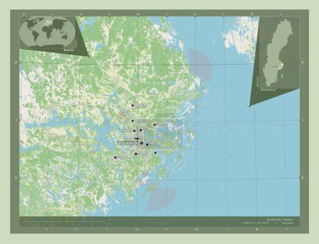 Téléchargez les photos : Stockholm, county of Sweden. Open Street Map. Locations and names of major cities of the region. Corner auxiliary location maps - en image libre de droit