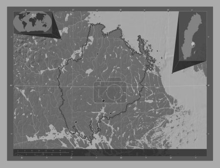 Foto de Uppsala, condado de Suecia. Mapa de elevación de Bilevel con lagos y ríos. Ubicaciones de las principales ciudades de la región. Mapas de ubicación auxiliares de esquina - Imagen libre de derechos