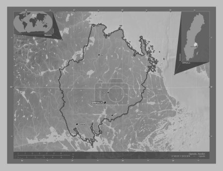 Foto de Uppsala, county of Sweden. Grayscale elevation map with lakes and rivers. Locations and names of major cities of the region. Corner auxiliary location maps - Imagen libre de derechos
