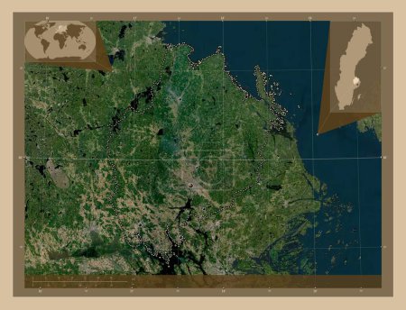 Foto de Uppsala, county of Sweden. Low resolution satellite map. Locations of major cities of the region. Corner auxiliary location maps - Imagen libre de derechos