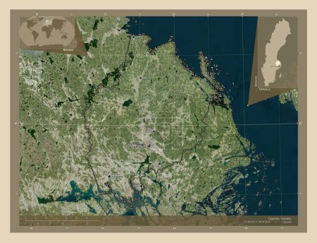 Foto de Uppsala, county of Sweden. High resolution satellite map. Locations and names of major cities of the region. Corner auxiliary location maps - Imagen libre de derechos