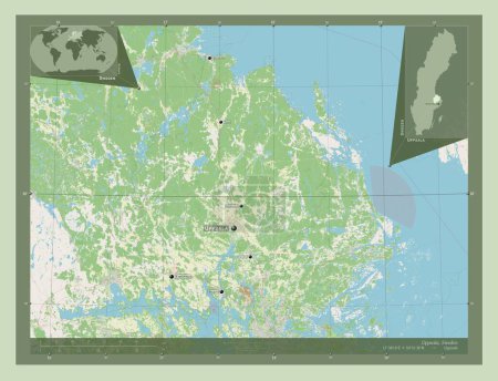 Foto de Uppsala, county of Sweden. Open Street Map. Locations and names of major cities of the region. Corner auxiliary location maps - Imagen libre de derechos