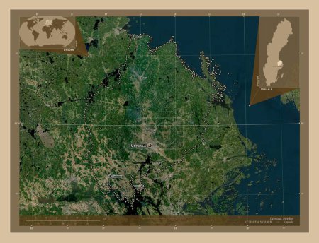 Foto de Uppsala, county of Sweden. Low resolution satellite map. Locations and names of major cities of the region. Corner auxiliary location maps - Imagen libre de derechos