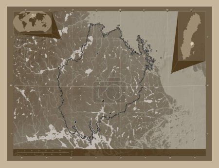 Téléchargez les photos : Uppsala, comté de Suède. Carte d'altitude colorée dans des tons sépia avec des lacs et des rivières. Emplacements des grandes villes de la région. Corner cartes de localisation auxiliaires - en image libre de droit