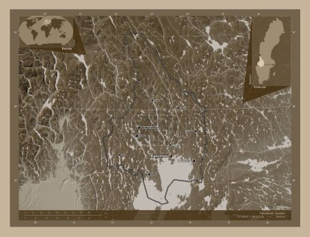 Foto de Varmland, county of Sweden. Elevation map colored in sepia tones with lakes and rivers. Locations and names of major cities of the region. Corner auxiliary location maps - Imagen libre de derechos