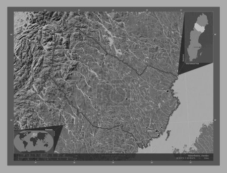 Foto de Vasterbotten, condado de Suecia. Mapa de elevación de Bilevel con lagos y ríos. Ubicaciones y nombres de las principales ciudades de la región. Mapas de ubicación auxiliares de esquina - Imagen libre de derechos