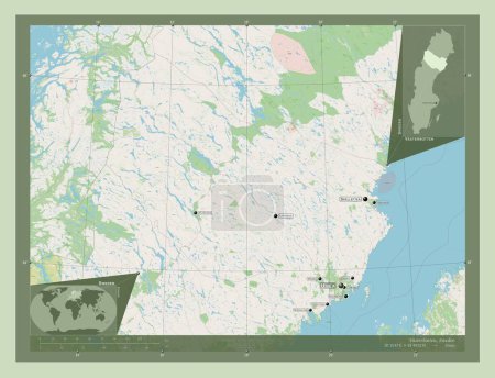 Téléchargez les photos : Vasterbotten, county of Sweden. Open Street Map. Locations and names of major cities of the region. Corner auxiliary location maps - en image libre de droit