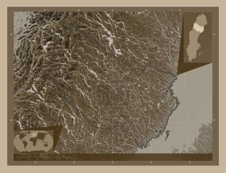 Téléchargez les photos : Vasterbotten, comté de Suède. Carte d'altitude colorée dans des tons sépia avec des lacs et des rivières. Emplacements des grandes villes de la région. Corner cartes de localisation auxiliaires - en image libre de droit