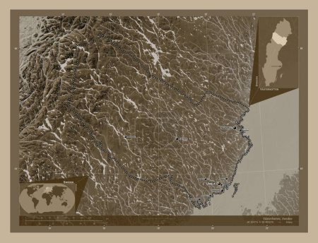 Téléchargez les photos : Vasterbotten, comté de Suède. Carte d'altitude colorée dans des tons sépia avec des lacs et des rivières. Emplacements et noms des grandes villes de la région. Corner cartes de localisation auxiliaires - en image libre de droit