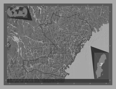 Téléchargez les photos : Vasternorrland, comté de Suède. Carte d'altitude de Bilevel avec lacs et rivières. Emplacements des grandes villes de la région. Corner cartes de localisation auxiliaires - en image libre de droit