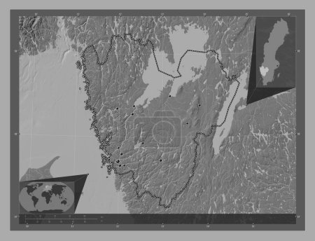 Foto de Vastra Gotaland, condado de Suecia. Mapa de elevación de Bilevel con lagos y ríos. Ubicaciones de las principales ciudades de la región. Mapas de ubicación auxiliares de esquina - Imagen libre de derechos