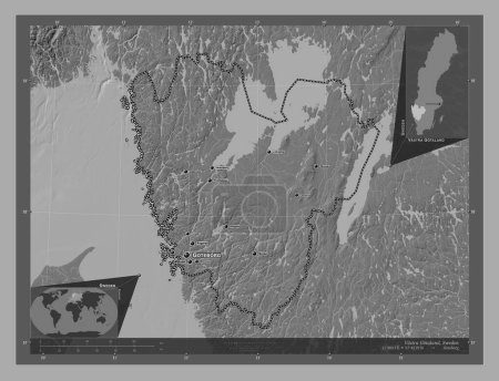 Foto de Vastra Gotaland, condado de Suecia. Mapa de elevación de Bilevel con lagos y ríos. Ubicaciones y nombres de las principales ciudades de la región. Mapas de ubicación auxiliares de esquina - Imagen libre de derechos