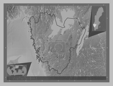 Téléchargez les photos : Vastra Gotaland, comté de Suède. Carte d'altitude en niveaux de gris avec lacs et rivières. Emplacements des grandes villes de la région. Corner cartes de localisation auxiliaires - en image libre de droit