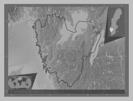 Foto de Vastra Gotaland, condado de Suecia. Mapa de elevación a escala de grises con lagos y ríos. Mapas de ubicación auxiliares de esquina - Imagen libre de derechos