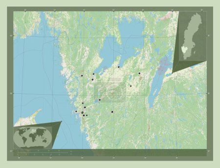 Foto de Vastra Gotaland, condado de Suecia. Open Street Map. Ubicaciones de las principales ciudades de la región. Mapas de ubicación auxiliares de esquina - Imagen libre de derechos