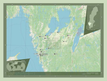 Foto de Vastra Gotaland, condado de Suecia. Open Street Map. Ubicaciones y nombres de las principales ciudades de la región. Mapas de ubicación auxiliares de esquina - Imagen libre de derechos
