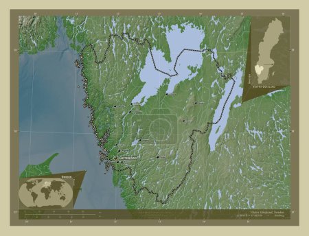 Foto de Vastra Gotaland, condado de Suecia. Mapa de elevación coloreado en estilo wiki con lagos y ríos. Ubicaciones y nombres de las principales ciudades de la región. Mapas de ubicación auxiliares de esquina - Imagen libre de derechos