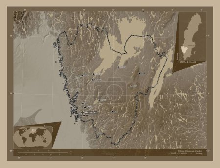 Foto de Vastra Gotaland, condado de Suecia. Mapa de elevación coloreado en tonos sepia con lagos y ríos. Ubicaciones y nombres de las principales ciudades de la región. Mapas de ubicación auxiliares de esquina - Imagen libre de derechos