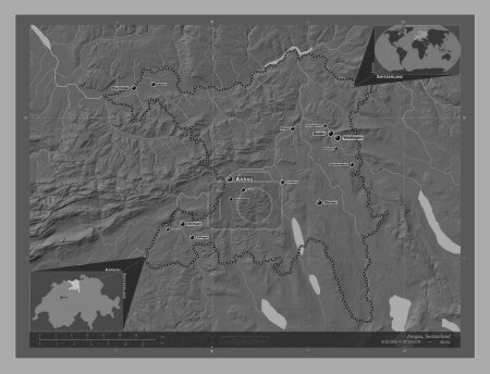 Foto de Argovia, cantón de Suiza. Mapa de elevación de Bilevel con lagos y ríos. Ubicaciones y nombres de las principales ciudades de la región. Mapas de ubicación auxiliares de esquina - Imagen libre de derechos