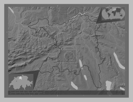 Foto de Aargau, canton of Switzerland. Grayscale elevation map with lakes and rivers. Corner auxiliary location maps - Imagen libre de derechos