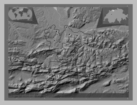 Photo for Basel-Landschaft, canton of Switzerland. Grayscale elevation map with lakes and rivers. Locations of major cities of the region. Corner auxiliary location maps - Royalty Free Image
