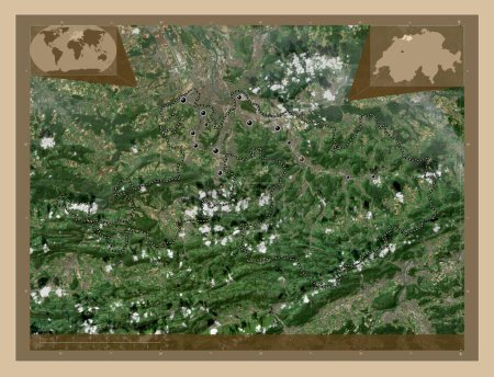 Foto de Basilea-Landschaft, cantón de Suiza. Mapa satelital de baja resolución. Ubicaciones de las principales ciudades de la región. Mapas de ubicación auxiliares de esquina - Imagen libre de derechos