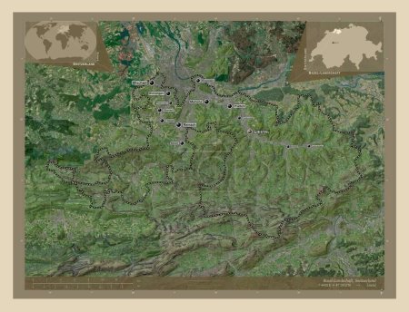 Foto de Basilea-Landschaft, cantón de Suiza. Mapa satelital de alta resolución. Ubicaciones y nombres de las principales ciudades de la región. Mapas de ubicación auxiliares de esquina - Imagen libre de derechos