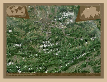 Foto de Basilea-Landschaft, cantón de Suiza. Mapa satelital de baja resolución. Ubicaciones y nombres de las principales ciudades de la región. Mapas de ubicación auxiliares de esquina - Imagen libre de derechos