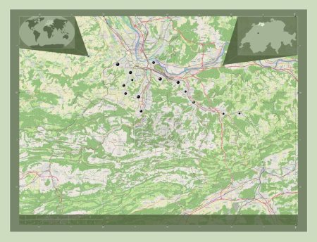 Foto de Basilea-Landschaft, cantón de Suiza. Open Street Map. Ubicaciones de las principales ciudades de la región. Mapas de ubicación auxiliares de esquina - Imagen libre de derechos