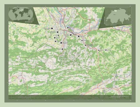 Foto de Basilea-Landschaft, cantón de Suiza. Open Street Map. Ubicaciones y nombres de las principales ciudades de la región. Mapas de ubicación auxiliares de esquina - Imagen libre de derechos