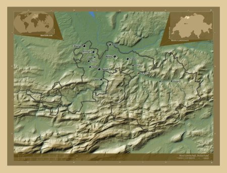 Photo for Basel-Landschaft, canton of Switzerland. Colored elevation map with lakes and rivers. Locations and names of major cities of the region. Corner auxiliary location maps - Royalty Free Image
