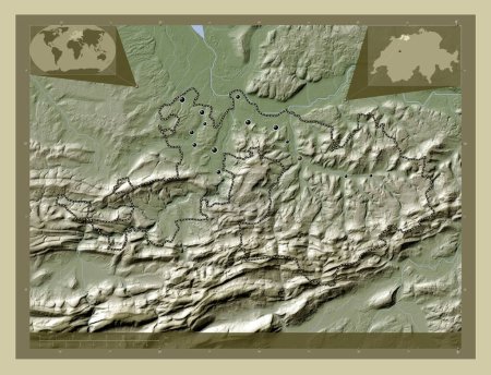 Foto de Basilea-Landschaft, cantón de Suiza. Mapa de elevación coloreado en estilo wiki con lagos y ríos. Ubicaciones de las principales ciudades de la región. Mapas de ubicación auxiliares de esquina - Imagen libre de derechos