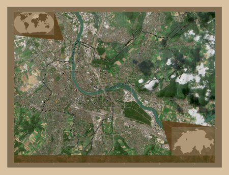 Foto de Basilea-Stadt, cantón de Suiza. Mapa satelital de baja resolución. Ubicaciones de las principales ciudades de la región. Mapas de ubicación auxiliares de esquina - Imagen libre de derechos