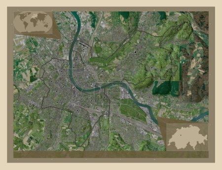 Foto de Basilea-Stadt, cantón de Suiza. Mapa satelital de alta resolución. Ubicaciones de las principales ciudades de la región. Mapas de ubicación auxiliares de esquina - Imagen libre de derechos