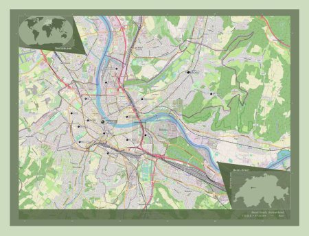 Foto de Basilea-Stadt, cantón de Suiza. Open Street Map. Ubicaciones y nombres de las principales ciudades de la región. Mapas de ubicación auxiliares de esquina - Imagen libre de derechos