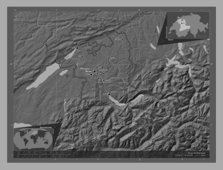 Foto de Bern, canton of Switzerland. Bilevel elevation map with lakes and rivers. Locations and names of major cities of the region. Corner auxiliary location maps - Imagen libre de derechos