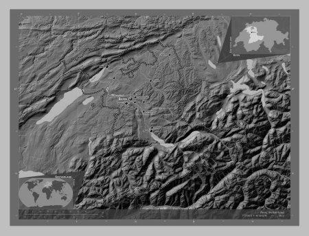 Foto de Bern, canton of Switzerland. Grayscale elevation map with lakes and rivers. Locations and names of major cities of the region. Corner auxiliary location maps - Imagen libre de derechos