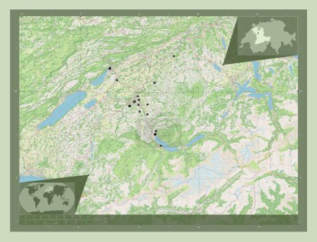 Foto de Berna, cantón de Suiza. Open Street Map. Ubicaciones de las principales ciudades de la región. Mapas de ubicación auxiliares de esquina - Imagen libre de derechos