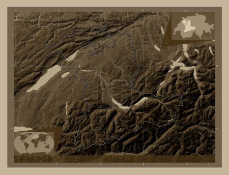 Foto de Bern, canton of Switzerland. Elevation map colored in sepia tones with lakes and rivers. Corner auxiliary location maps - Imagen libre de derechos