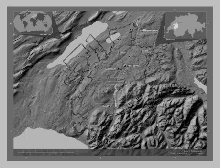 Photo for Fribourg, canton of Switzerland. Grayscale elevation map with lakes and rivers. Locations and names of major cities of the region. Corner auxiliary location maps - Royalty Free Image