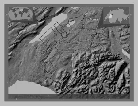 Foto de Fribourg, canton of Switzerland. Grayscale elevation map with lakes and rivers. Corner auxiliary location maps - Imagen libre de derechos