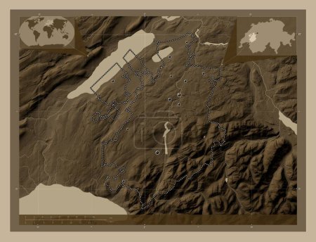 Photo for Fribourg, canton of Switzerland. Elevation map colored in sepia tones with lakes and rivers. Locations of major cities of the region. Corner auxiliary location maps - Royalty Free Image