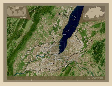 Téléchargez les photos : Geneve, canton of Switzerland. High resolution satellite map. Locations and names of major cities of the region. Corner auxiliary location maps - en image libre de droit