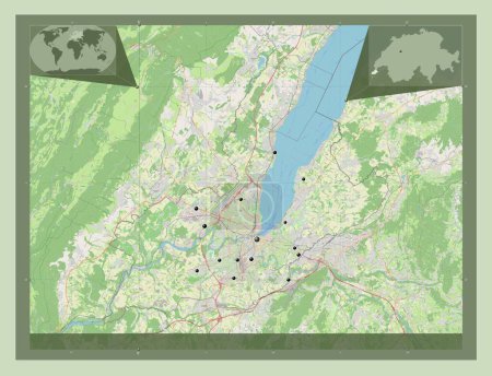 Téléchargez les photos : Geneve, canton of Switzerland. Open Street Map. Locations of major cities of the region. Corner auxiliary location maps - en image libre de droit